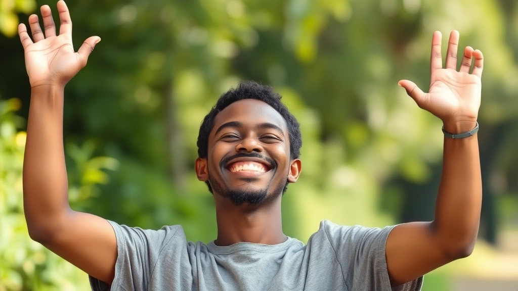 Individual celebrating small milestone, genuine smile, arms raised, bright natural environment, representing progress and achievement moment