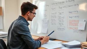 Person at a whiteboard working through a challenging problem with focused concentration, papers scattered around showing iterations and attempts, natural office lighting, genuine determination visible