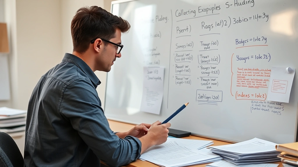 Person at a whiteboard working through a challenging problem with focused concentration, papers scattered around showing iterations and attempts, natural office lighting, genuine determination visible