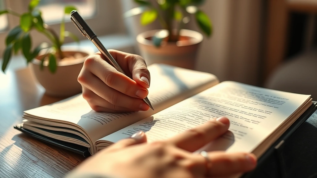 Close-up of someone's hands writing in a journal with reflection notes, morning sunlight streaming across the page, peaceful home study environment with plant in background