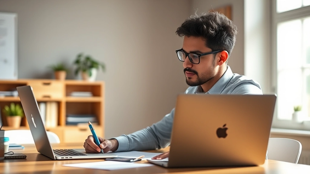 Professional adult focused intently at desk with notebook and laptop, warm natural lighting, growth mindset expression, learning environment