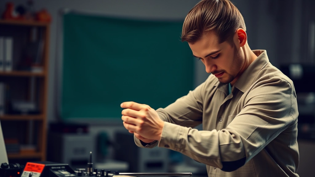 Person practicing skill repeatedly with concentration, showing effort and engagement, professional setting, hands-on activity