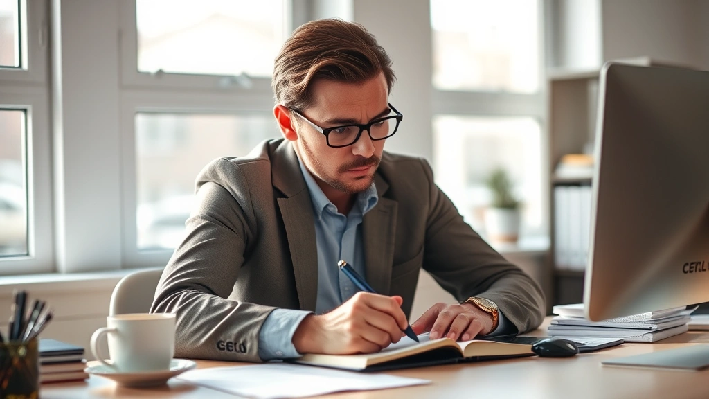 Professional adult focused intently on a specific task at desk with notebook and coffee, morning light, determined but calm expression, skill practice setup