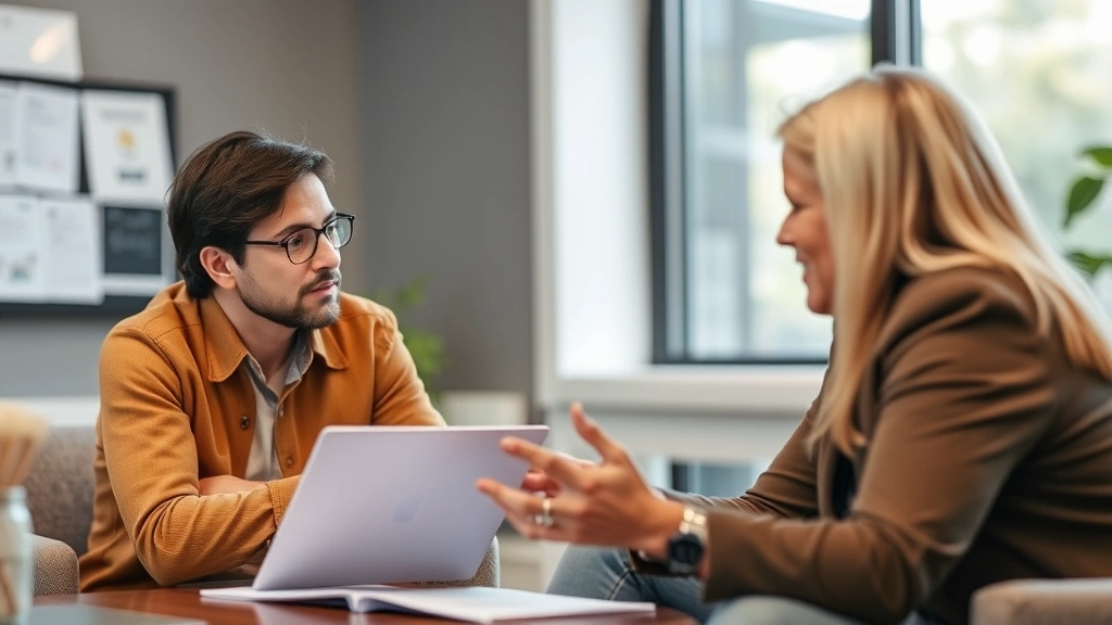 Person reviewing work with mentor or coach providing feedback, collaborative learning moment, genuine interaction, growth mindset in action