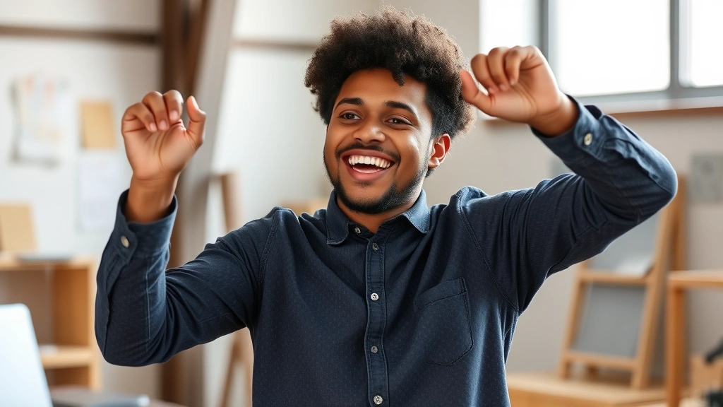 Individual celebrating small milestone or breakthrough in skill development, authentic joy without being over the top, personal achievement moment