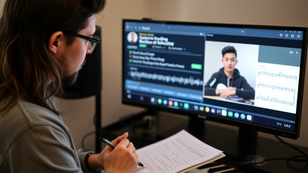 A musician or learner reviewing their recorded practice session on a screen while taking notes, showing the feedback and reflection process essential to improvement