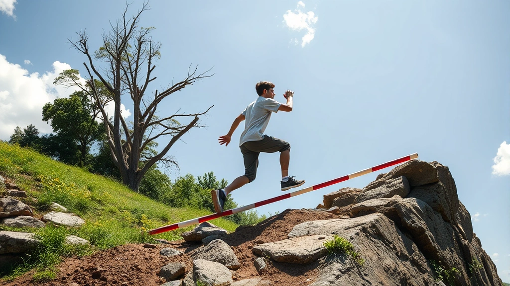 A person progressing through increasingly challenging obstacles or climbing upward on a path, symbolizing the zone of proximal development and continuous challenge in skill mastery