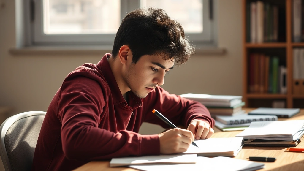 A person intently focused at a desk with notebooks and learning materials, natural lighting from a window, showing concentration and effort during study
