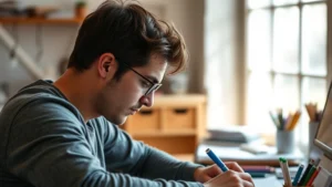 Person intensely focused on practice, sitting at desk with materials, showing concentration and determination, natural lighting