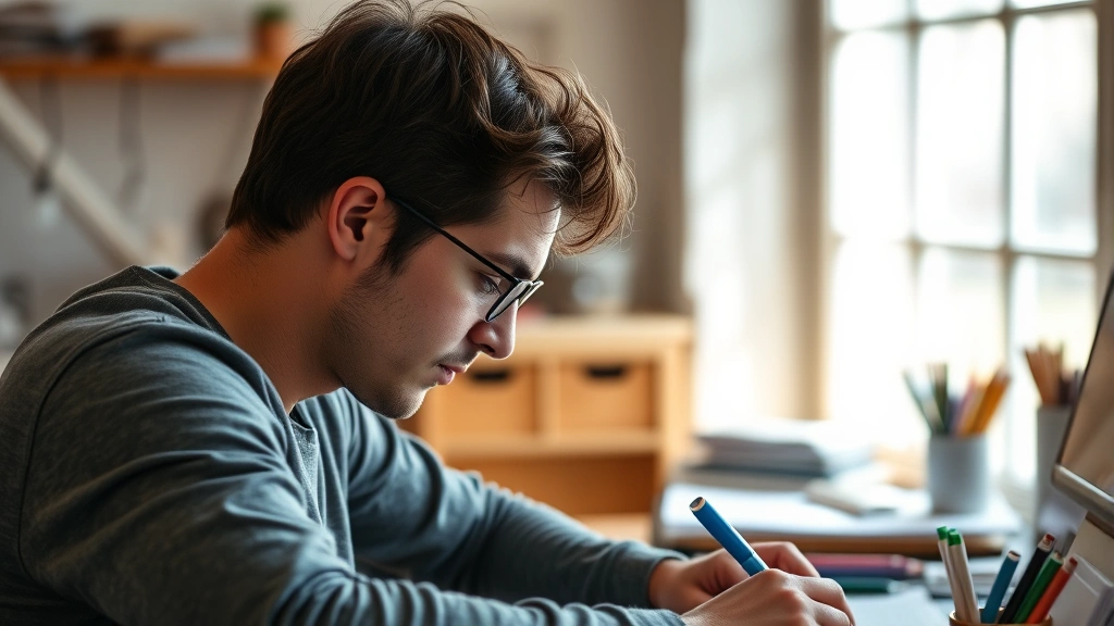 Person intensely focused on practice, sitting at desk with materials, showing concentration and determination, natural lighting