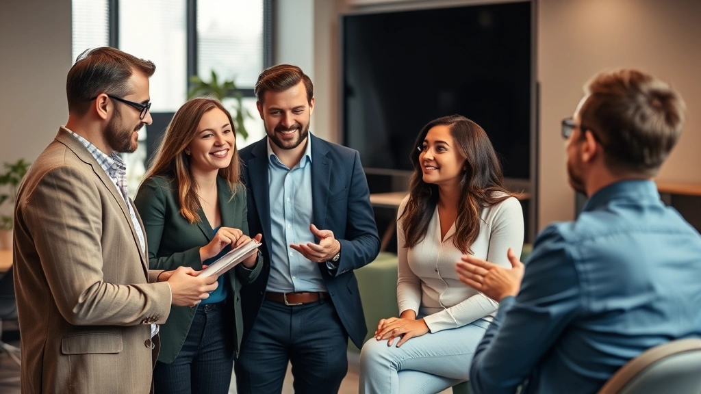 Group of professionals having a feedback discussion, one person taking notes while others gesture, collaborative learning environment, warm office setting