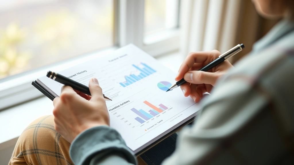 Someone reviewing progress notes or metrics on paper, hand holding pen, reflective moment, notebook with visible progress tracking, natural light from window