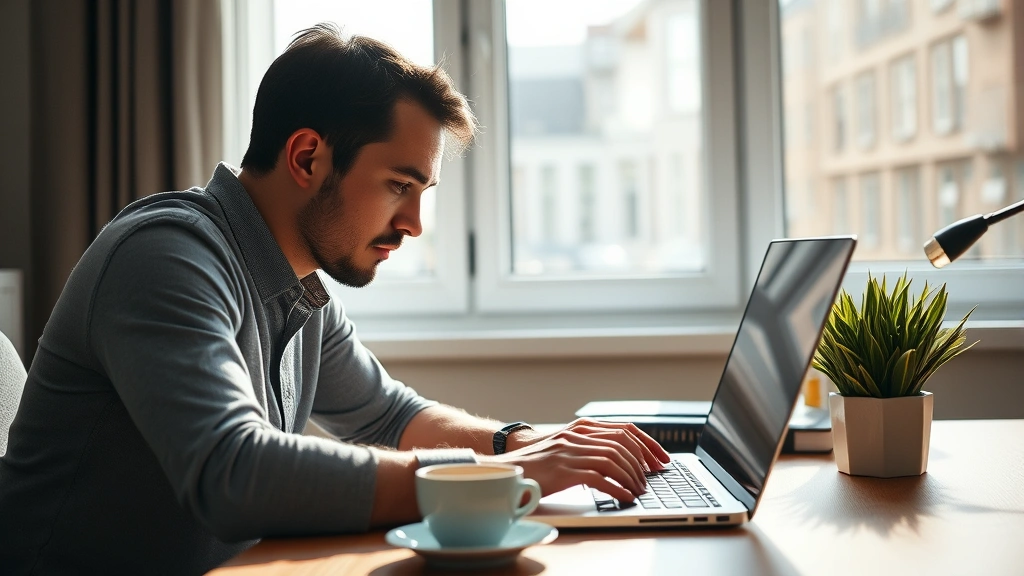 Person focused on laptop screen, intense concentration, natural lighting from window, morning coffee on desk, growth mindset visible in posture