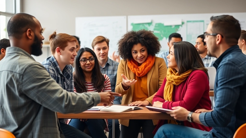Group of diverse people in learning environment—workshop or study session—engaged conversation, mentor pointing at work, genuine collaboration moment