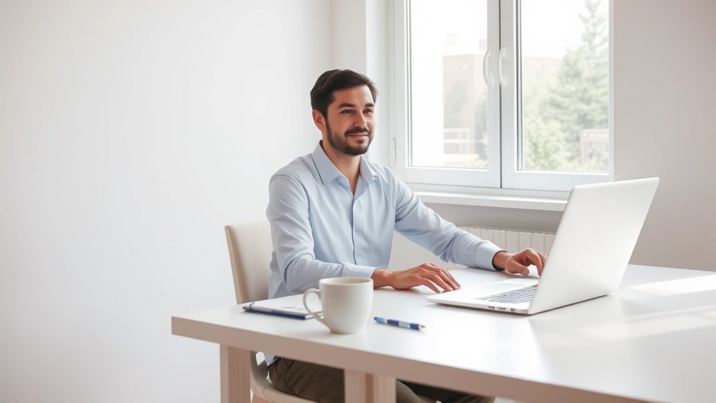 Person at clean, minimalist desk with one cup of coffee and closed laptop, natural morning light through window, focused expression, professional but relaxed