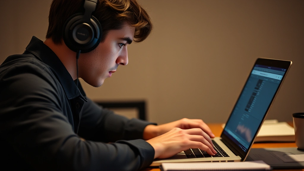 Person wearing headphones, working intently on laptop in quiet environment, notebook nearby, fingers on keyboard mid-work, concentrated but not tense