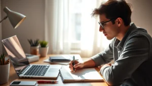 Person focused at desk with notebook and laptop, morning light, determined expression, learning in progress