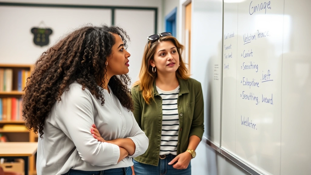 Two colleagues discussing work at whiteboard, collaborative learning environment, engaged and thoughtful