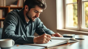 Person at desk intensely focused on learning, taking handwritten notes, coffee nearby, warm natural lighting, expression of concentration and growth