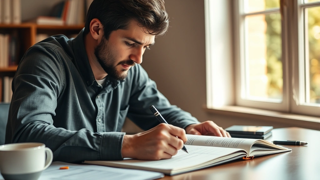 Person at desk intensely focused on learning, taking handwritten notes, coffee nearby, warm natural lighting, expression of concentration and growth
