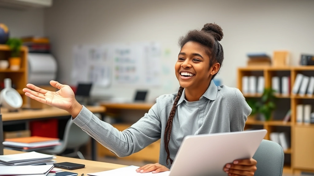 Learner celebrating a breakthrough moment, genuine smile of achievement, workspace with completed projects visible, sense of progress and momentum