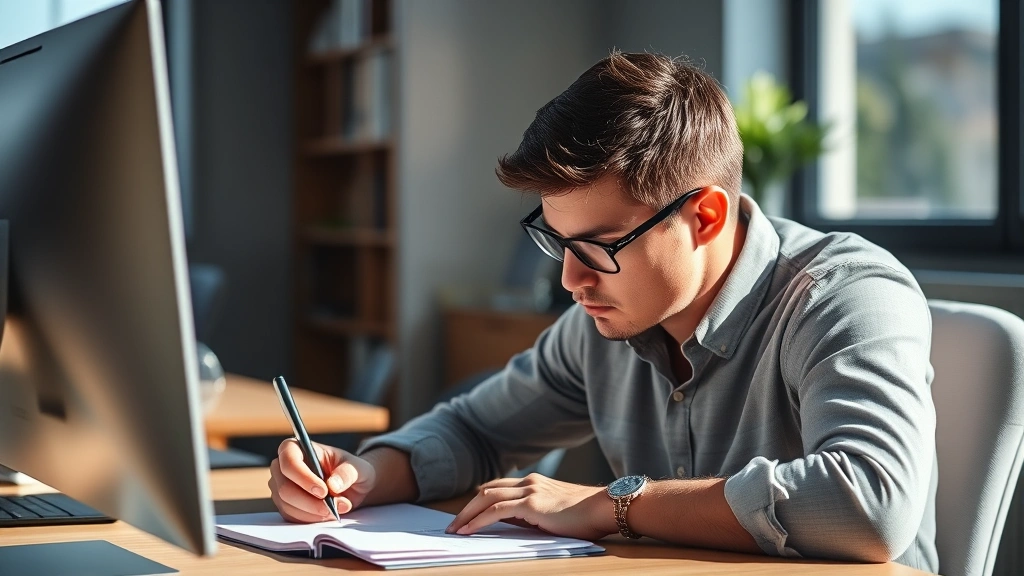 Person intensely focused on a task, sitting at a desk with a notebook and computer, natural daylight from a window, showing concentration and engagement