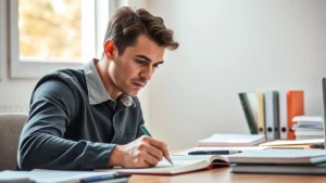 Person focused intently at desk with learning materials, natural light, determined expression, notebook and pen visible, minimalist workspace, professional yet approachable atmosphere