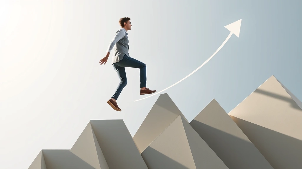 Young professional climbing upward on geometric shapes, growth trajectory visualization, ascending path with light and shadow, hopeful and forward-moving energy, no text or charts