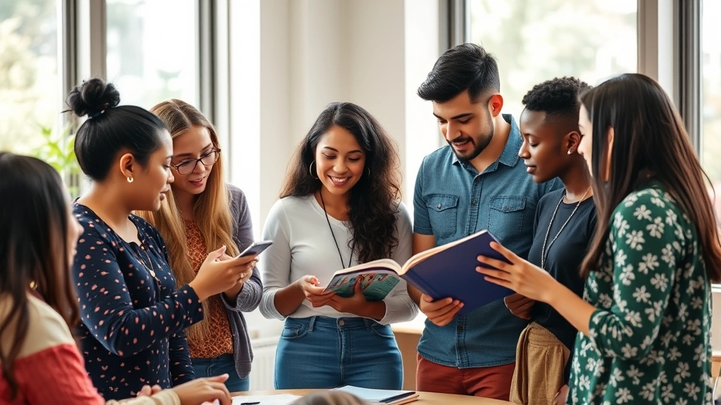 Group of diverse people in collaborative learning setting, sharing knowledge, engaged discussion, natural lighting, inclusive and supportive environment, real human connection