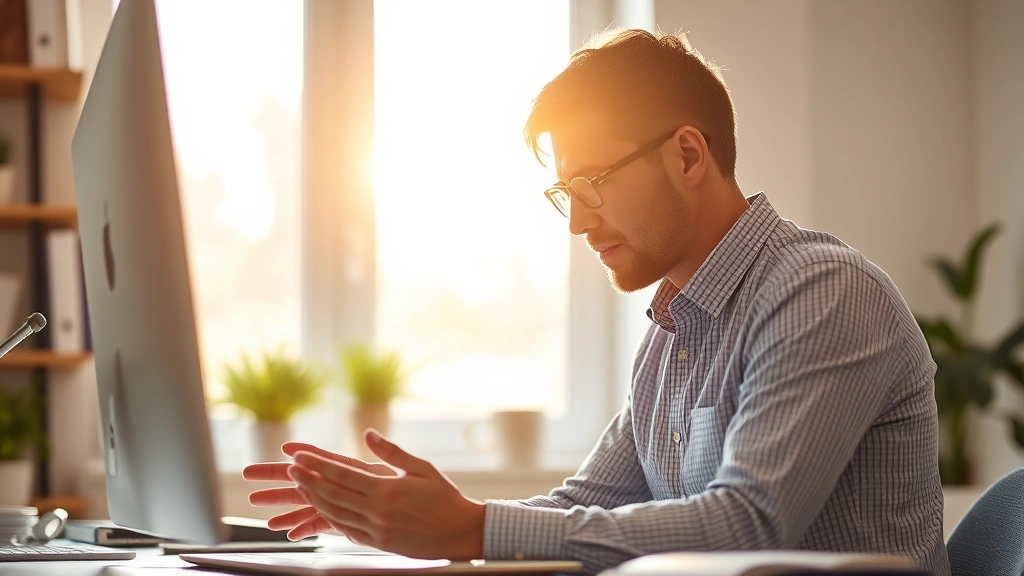 Adult professional focused intently on practice, hands actively engaged with task, morning light through window, growth mindset expression, realistic workspace setting