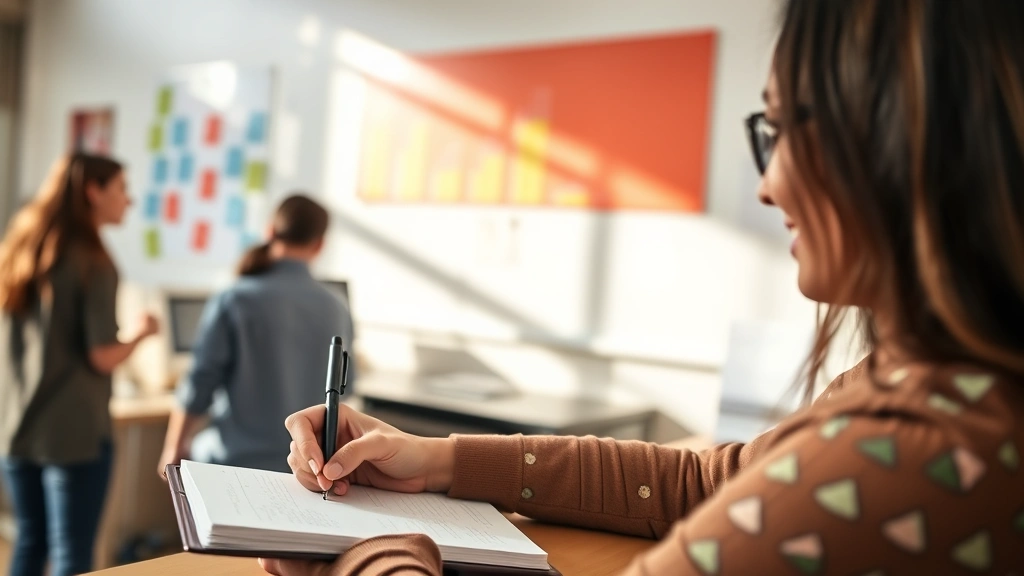 Person writing progress notes in journal, milestone markers visible on wall behind, genuine satisfaction expression, collaborative learning environment with others visible, warm natural lighting