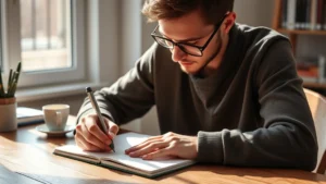 Person intently focused at desk with notebook and coffee, natural lighting, hands actively writing, growth mindset expression