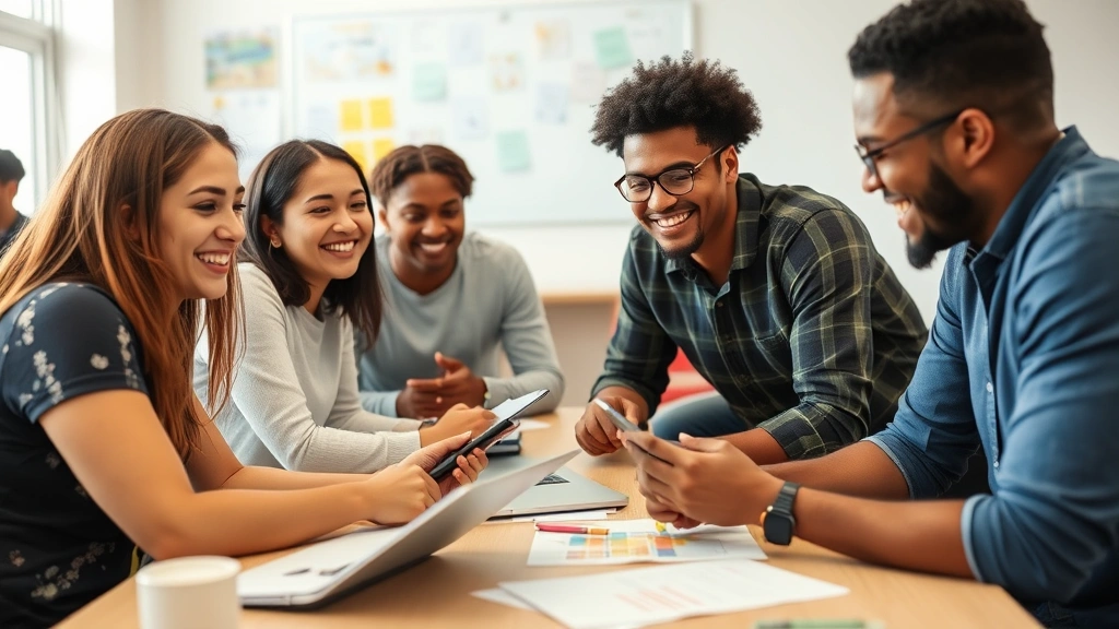 Diverse group in collaborative learning session, smiling, engaging with each other and materials, supportive environment, real growth moment