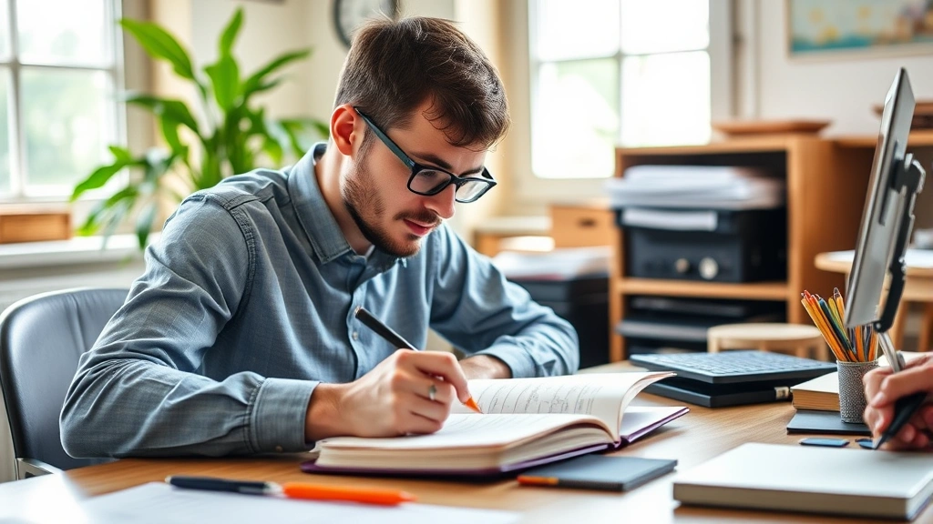 Person at desk practicing skill with focused concentration, notebook with progress notes visible, natural lighting, encouraging and real atmosphere