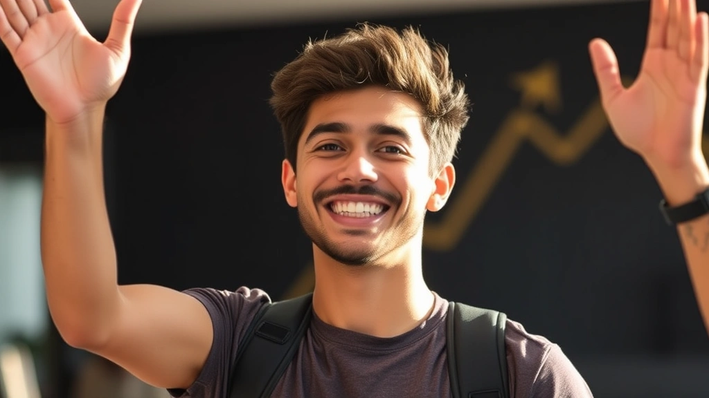 Individual celebrating achievement milestone after dedicated practice, upward progression visible in background, genuine happiness and growth mindset