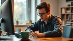 Person intently focused at a desk, writing or coding with coffee nearby, warm natural light from window, concentrated expression showing active learning