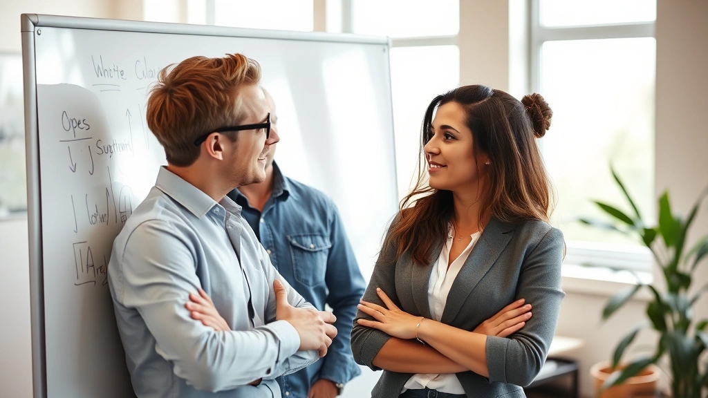 Two professionals discussing work at a whiteboard with sketches, collaborative energy, both leaning in engaged, natural office setting with bright lighting