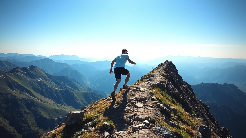 Person climbing a mountain path with clear sky above, showing determination and progress, symbolic of overcoming learning obstacles, scenic outdoor background