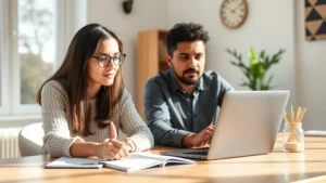 Adult focused intently on laptop during practice session in bright home office, natural daylight, growth mindset expression, notebook beside them