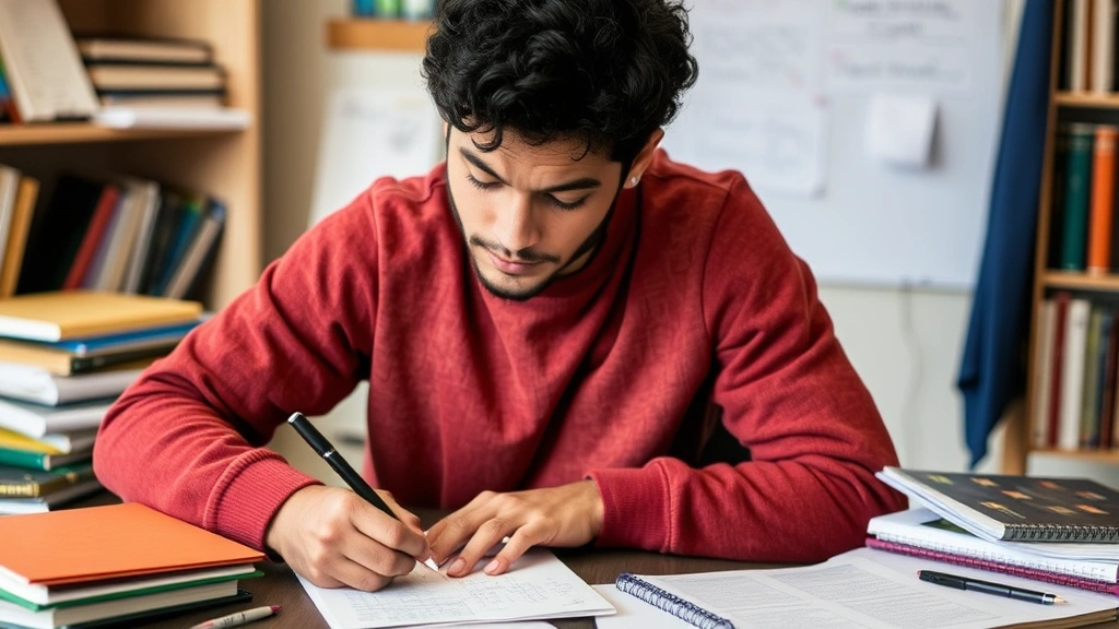 Person writing notes after completing practice, reviewing progress, surrounded by learning materials, determined and thoughtful expression