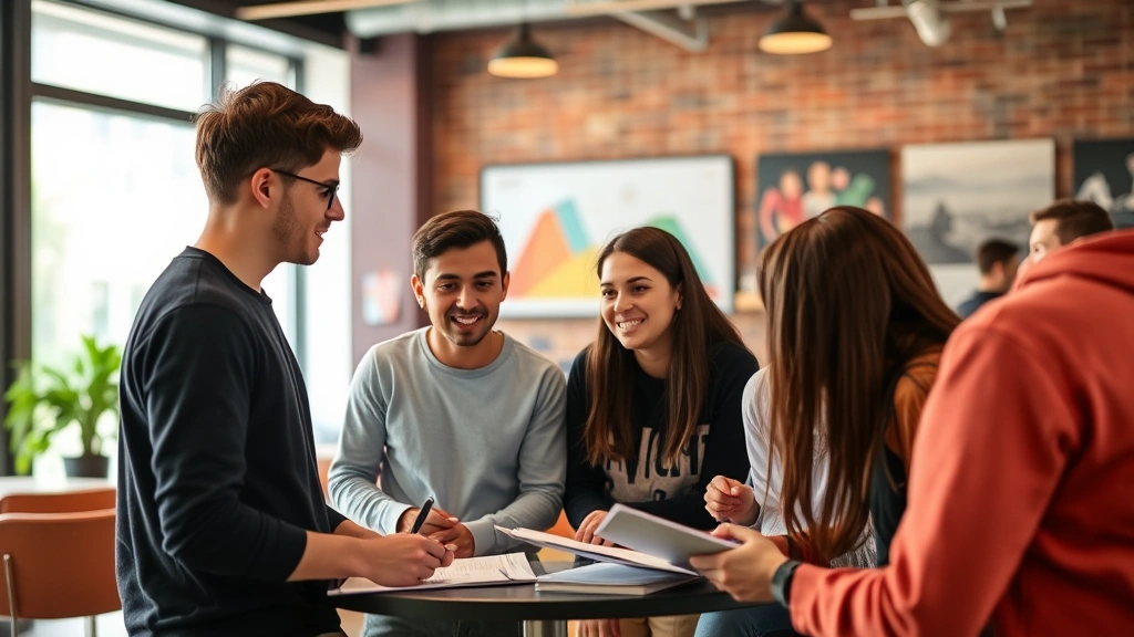 Group of learners collaborating and giving feedback to each other in casual learning environment, genuine interaction, supportive atmosphere