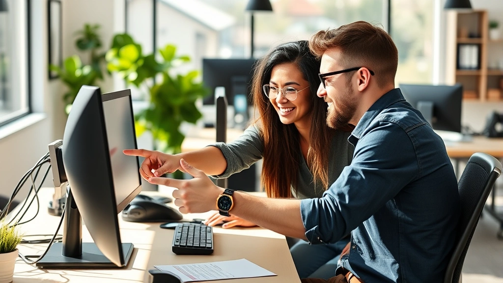 Two developers collaborating at one desk, pointing at monitor together, smiling, diverse team, casual office environment, bright daylight