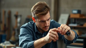 Professional in focused concentration, practicing a skill with intense determination, natural lighting, realistic workspace environment