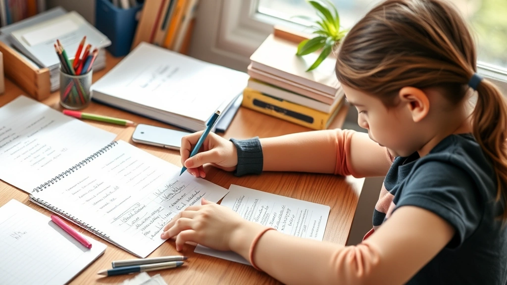Learner reviewing handwritten notes and progress tracking, growth mindset visible, natural lighting, desk with learning materials, authentic moment of self-assessment