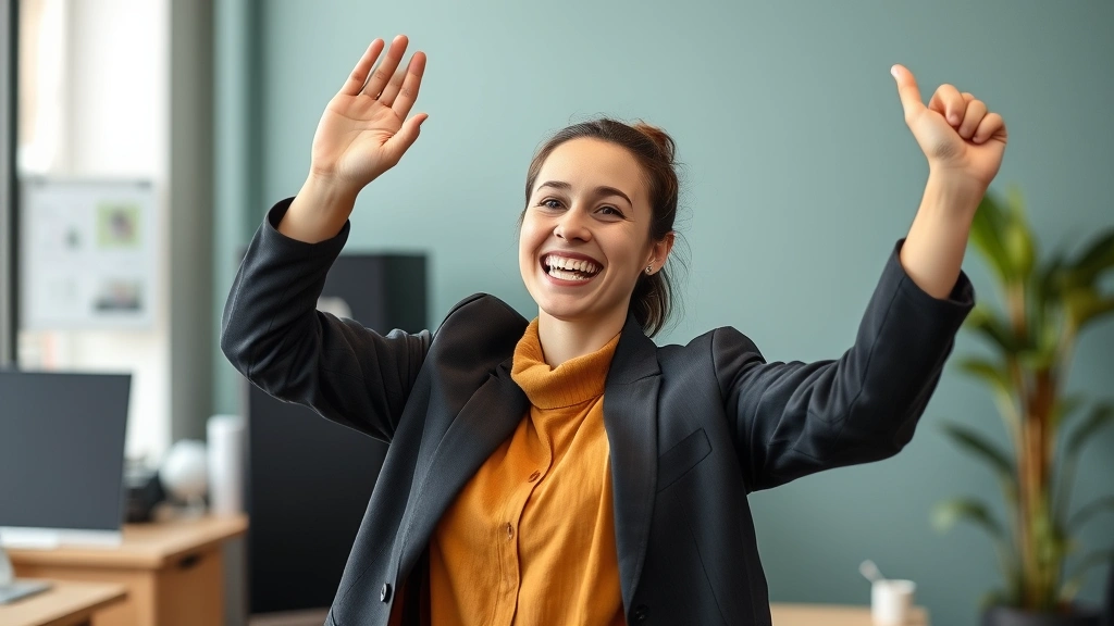 Individual celebrating small win or milestone, genuine smile, showing progress in a skill, professional yet personal setting, encouraging and real atmosphere