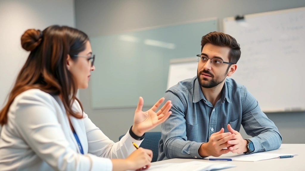 Two professionals in a mentoring or feedback session, one gesturing while explaining something, collaborative learning environment with whiteboards visible in background