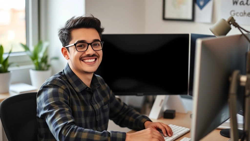 Person celebrating a small win at their desk, genuine smile, milestone moment, representing progress and achievement in skill development journey