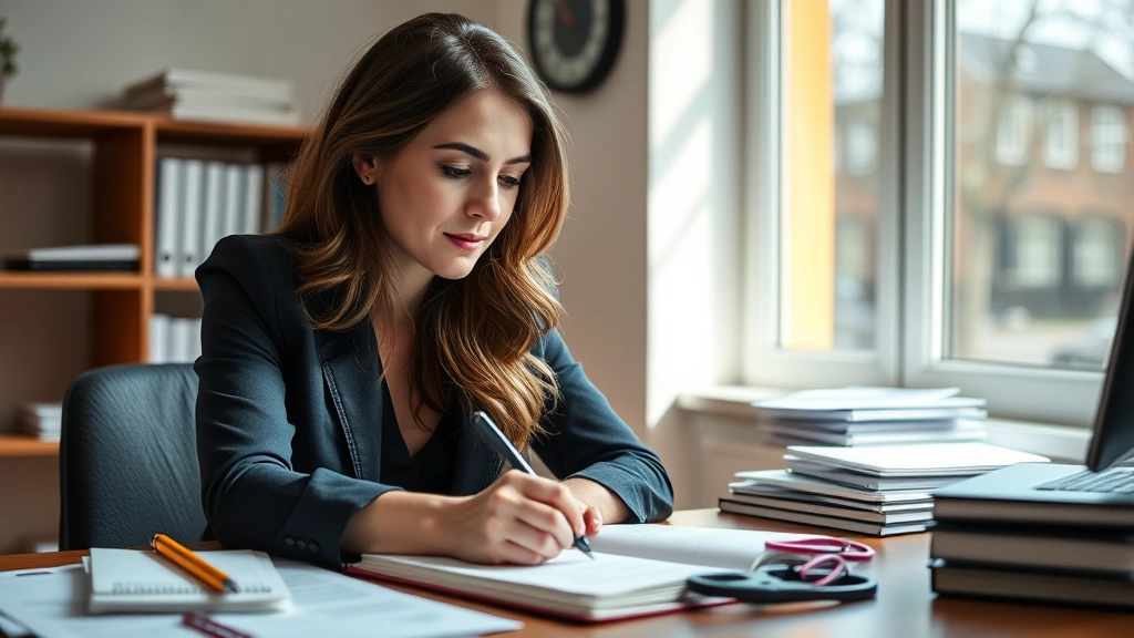 Professional woman writing notes in a notebook at a desk with a thoughtful, focused expression, natural lighting from a window, papers and learning materials around her