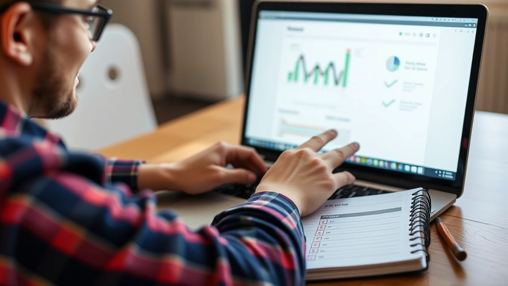 Person reviewing progress on a laptop screen, looking satisfied and engaged, with a notebook showing checkmarks and progress notes visible nearby