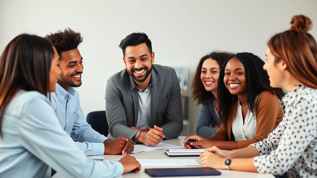 Diverse group of young professionals having a collaborative discussion around a table, smiling and engaged, sharing ideas and learning together